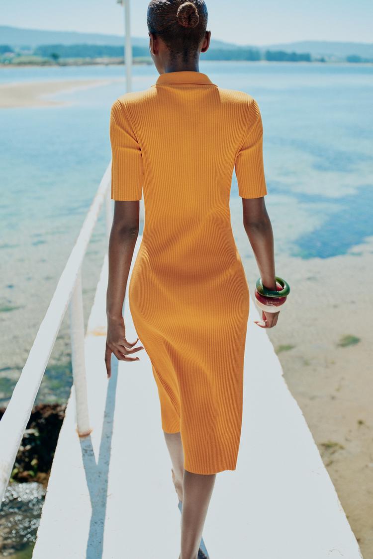 Ribbed Polo Shirt Dress With Buttons