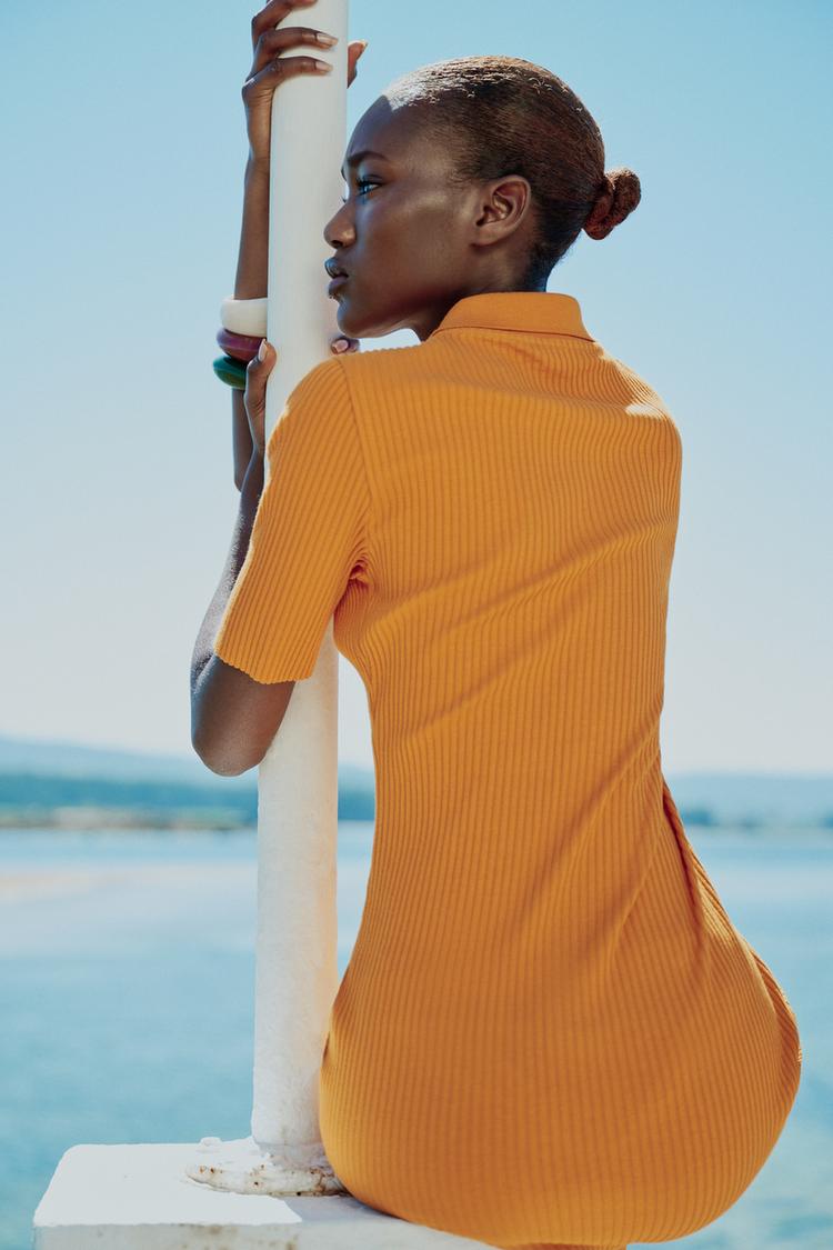 Ribbed Polo Shirt Dress With Buttons