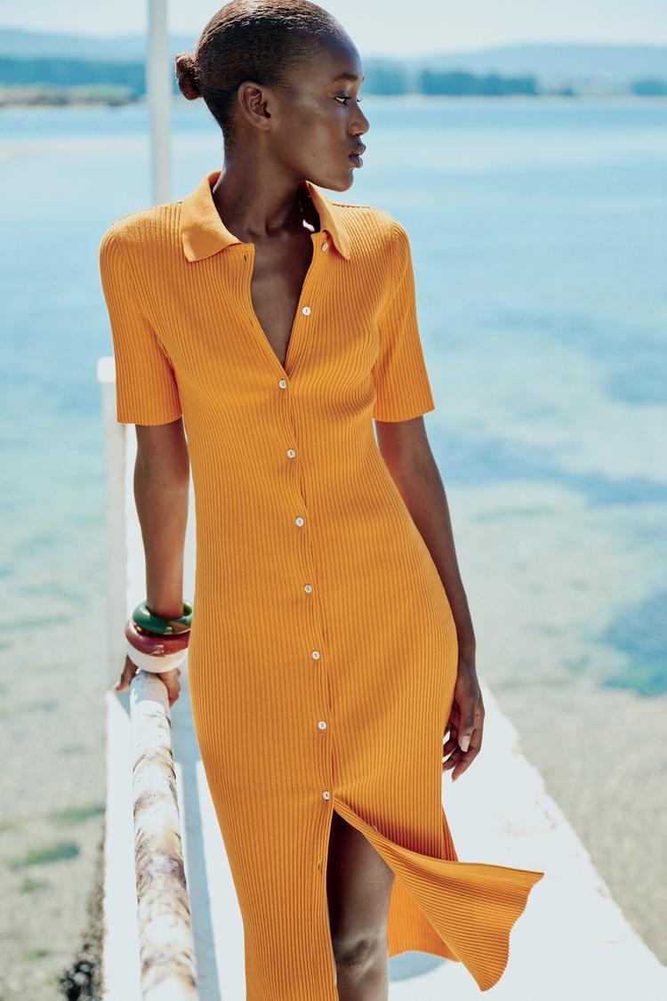 Ribbed Polo Shirt Dress With Buttons