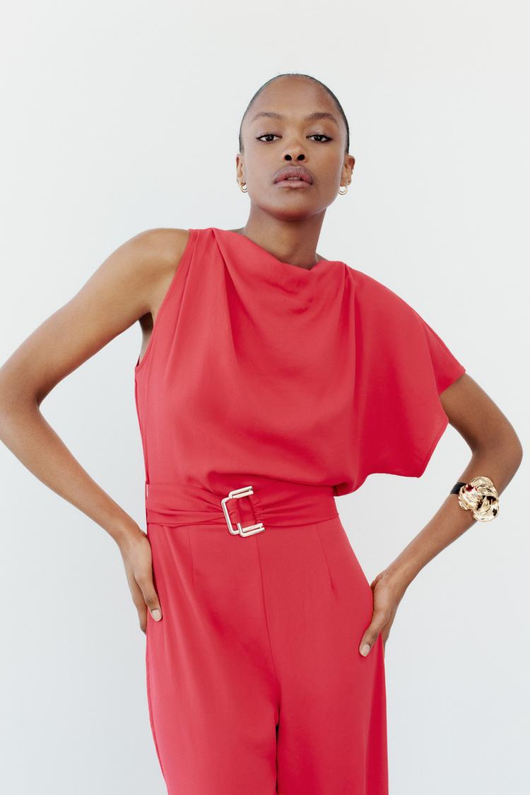 Asymmetrical Crepe Jumpsuit with Buckle