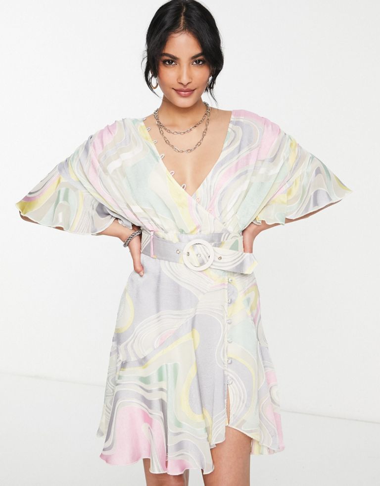 DESIGN Mini Dress With Rouleaux Details And Belt In Burnout Pastel Swirl Fabric