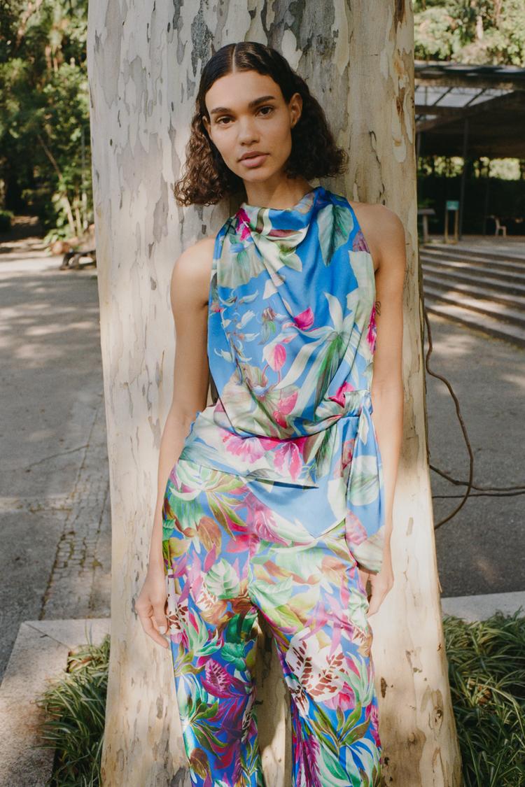 Satin Tropical Print Top