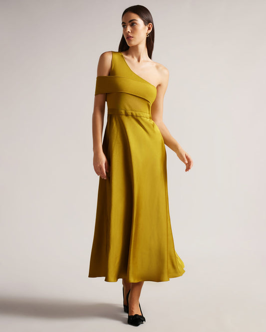 Asymmetric Knit Bodice Dress With Satin Skirt