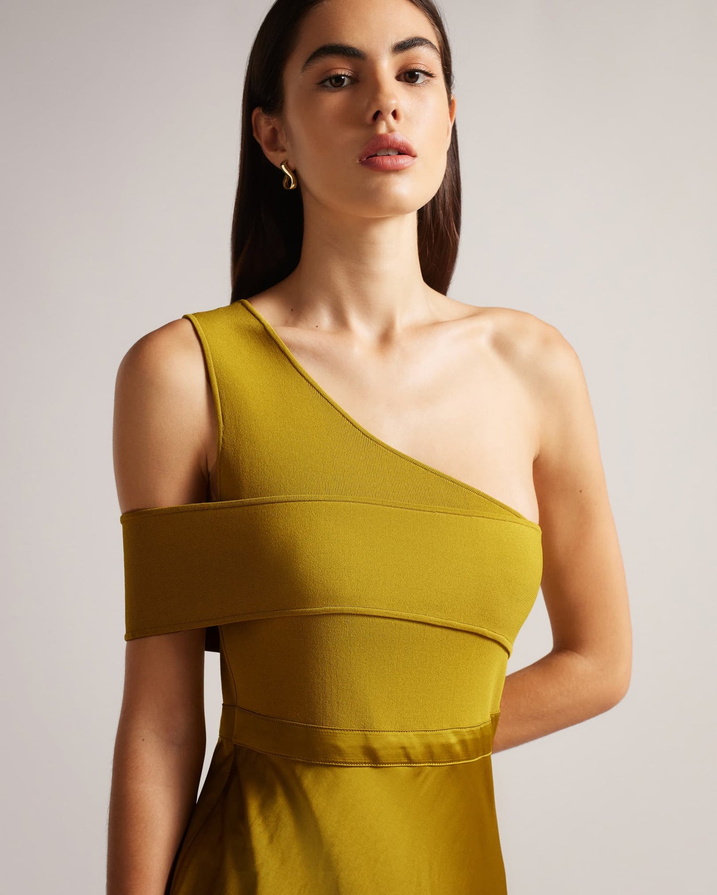 Asymmetric Knit Bodice Dress With Satin Skirt