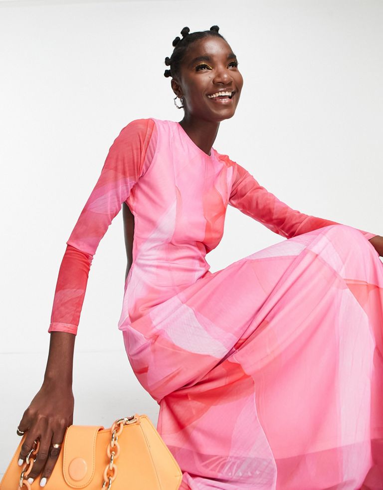 Long Sleeve Maxi Dress In Pink And Red Watercolour Mix