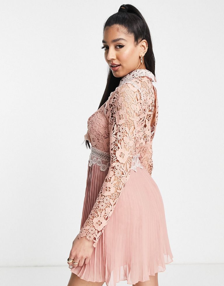 DESIGN Lace Mini Dress With Collar Detail And Pleated Skirt