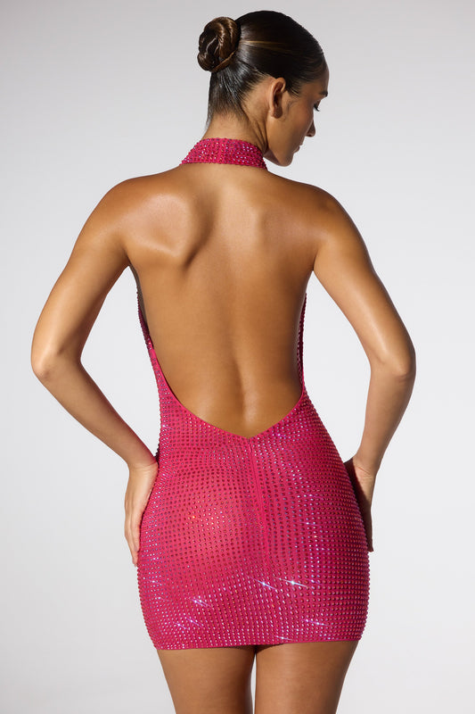 Embellished Extreme Cowl Neck Halter Mini Dress