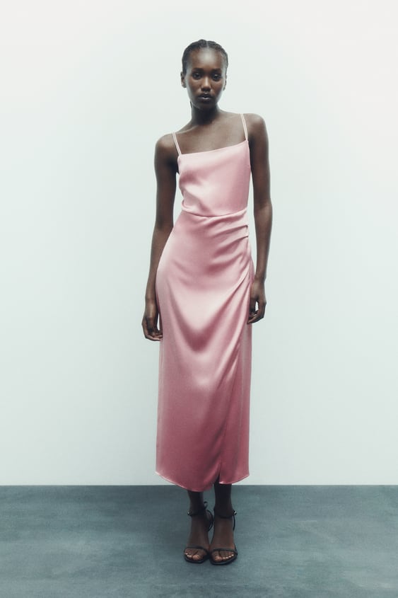 Satin Midi Dress With Rhinestone Straps