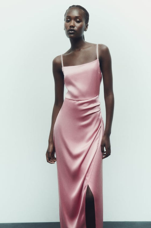 Satin Midi Dress With Rhinestone Straps