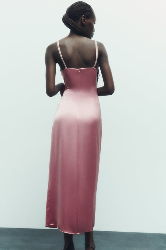 Satin Midi Dress With Rhinestone Straps