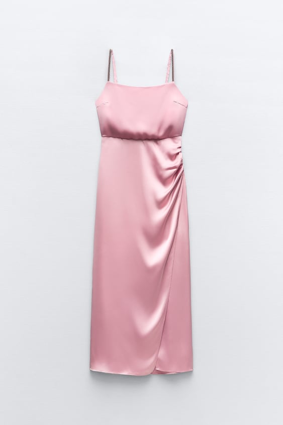 Satin Midi Dress With Rhinestone Straps