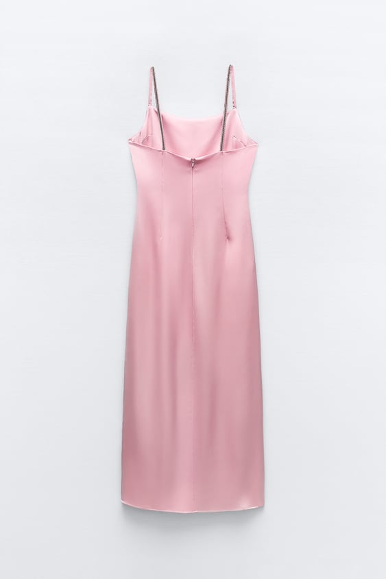 Satin Midi Dress With Rhinestone Straps