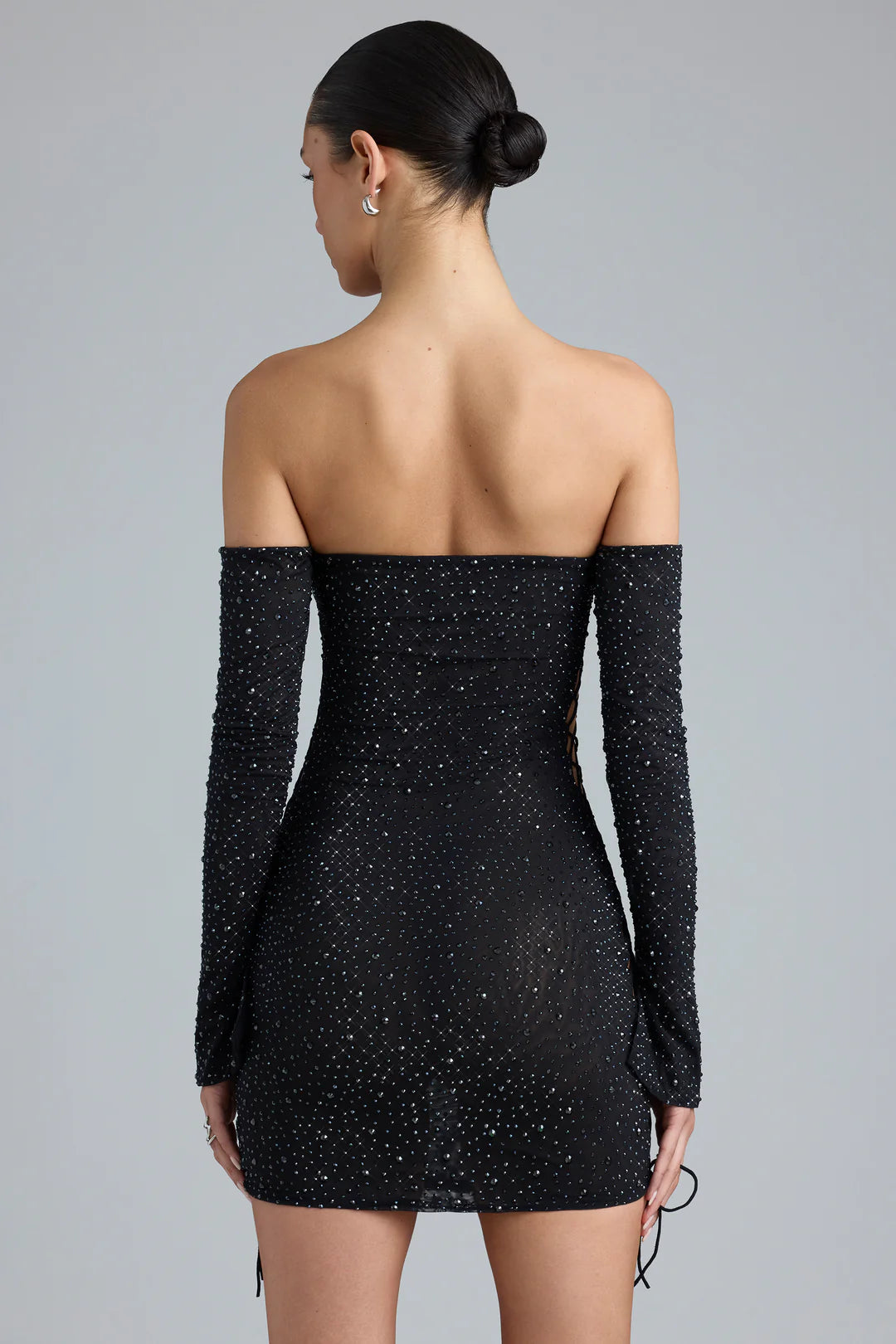Embellished Lace-Up Off-Shoulder Mini Dress