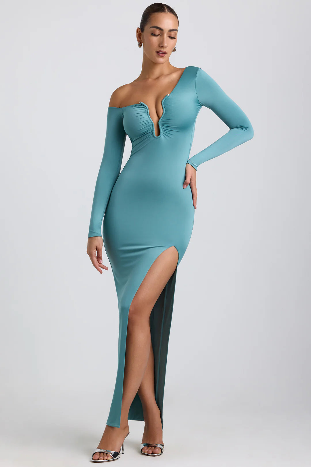 Slinky Jersey Asymmetric Ruched Hardware Detail Maxi Dress
