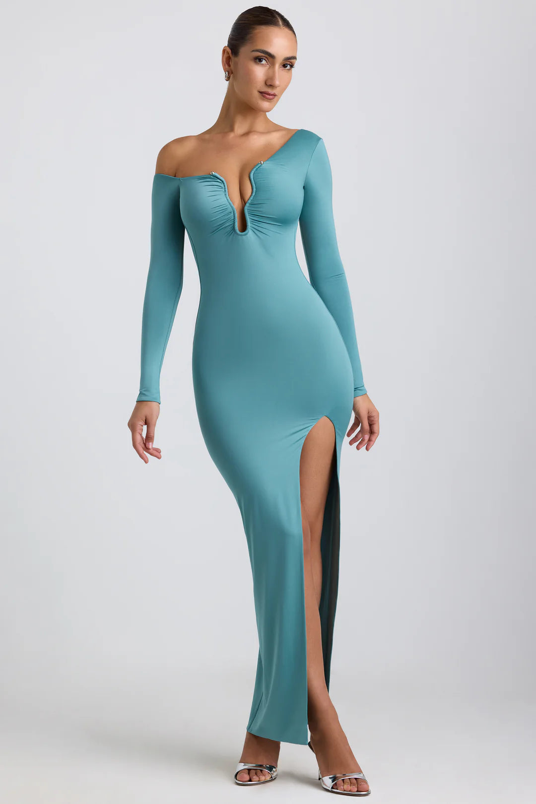Slinky Jersey Asymmetric Ruched Hardware Detail Maxi Dress