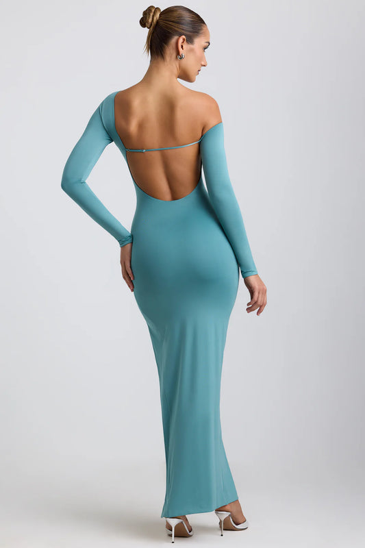 Slinky Jersey Asymmetric Ruched Hardware Detail Maxi Dress