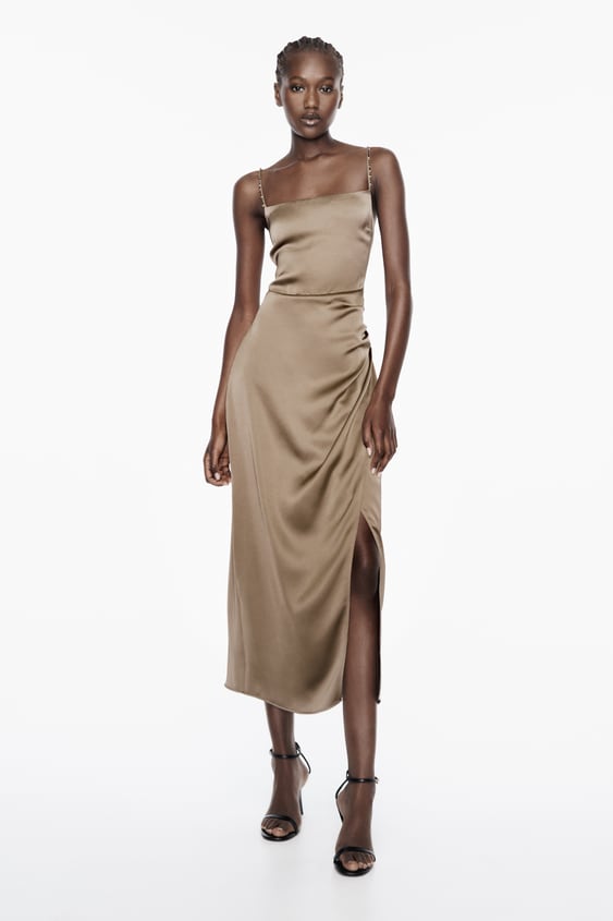 Satin Midi Dress With Rhinestone Straps
