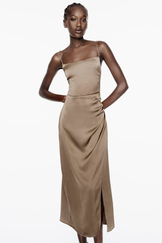 Satin Midi Dress With Rhinestone Straps