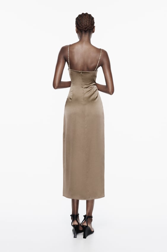 Satin Midi Dress With Rhinestone Straps