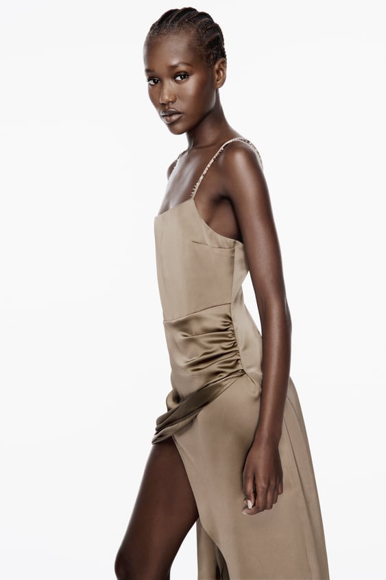 Satin Midi Dress With Rhinestone Straps