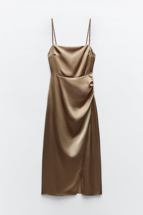 Satin Midi Dress With Rhinestone Straps