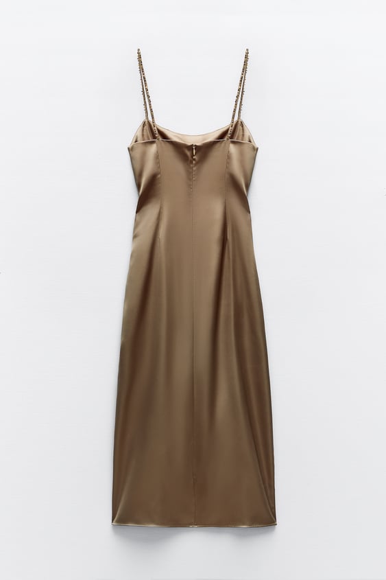 Satin Midi Dress With Rhinestone Straps