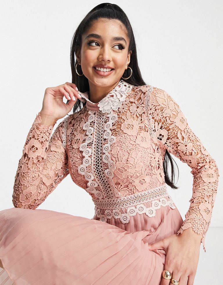 DESIGN Lace Mini Dress With Collar Detail And Pleated Skirt