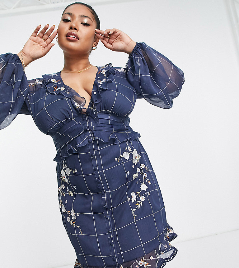 DESIGN Curve Mini Dress In Check Print With Pop Floral Embroidery And Lace Inserts