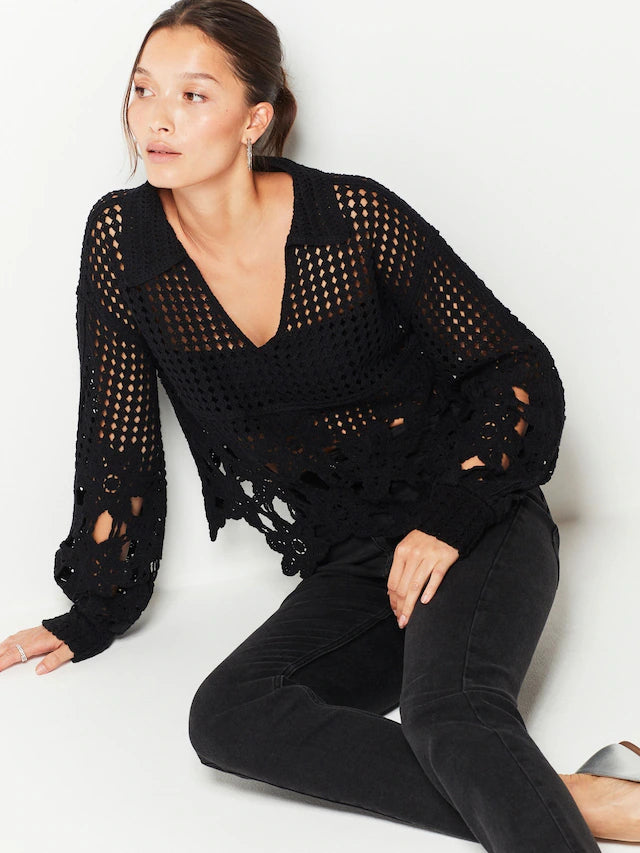 Polo Neck Long Sleeve Crochet Scalloped Detail Jumper