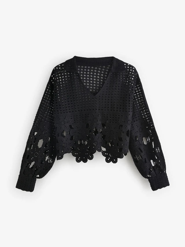 Polo Neck Long Sleeve Crochet Scalloped Detail Jumper