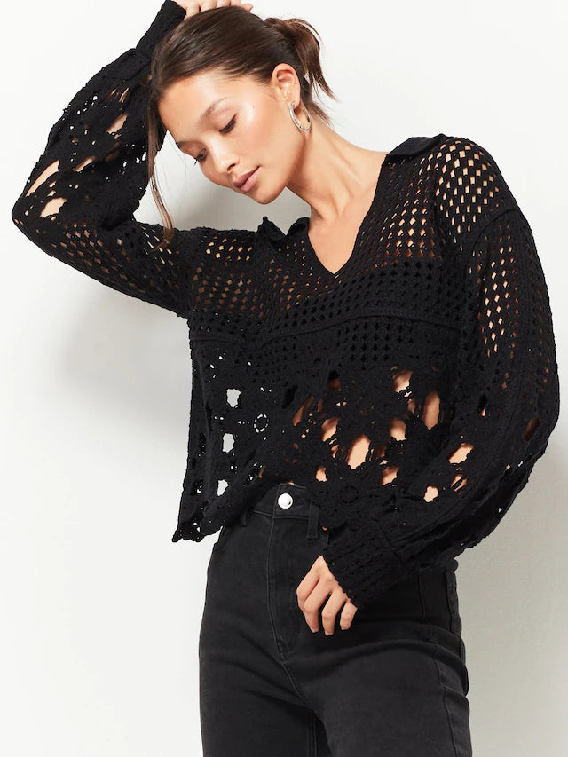 Polo Neck Long Sleeve Crochet Scalloped Detail Jumper