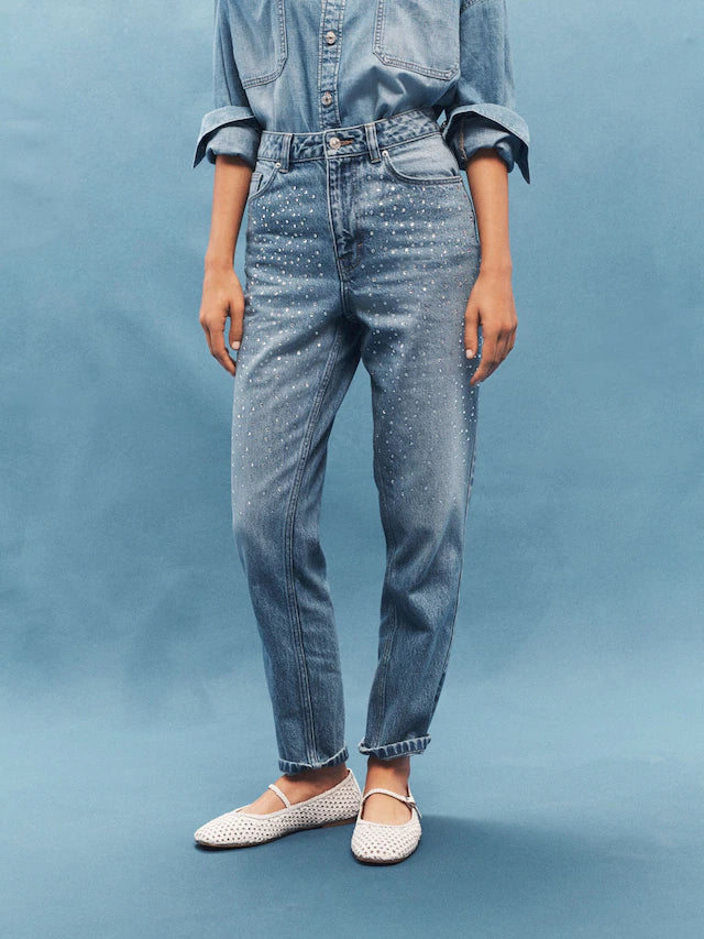 Mom Embellished 100% Cotton Jeans