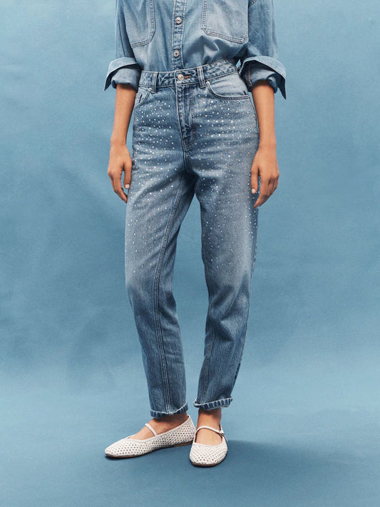 Mom Embellished 100% Cotton Jeans
