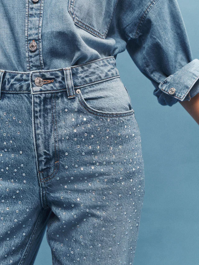 Mom Embellished 100% Cotton Jeans