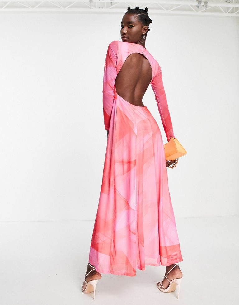 Long Sleeve Maxi Dress In Pink And Red Watercolour Mix