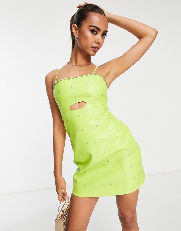 Faux Leather Diamante Cut Out Mini Dress