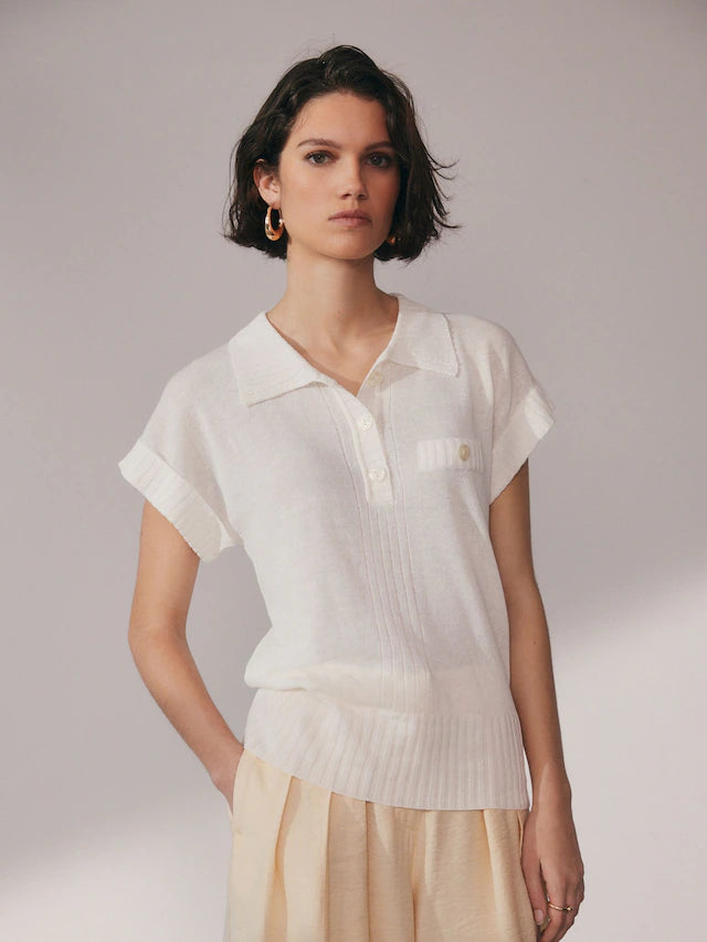 Linen Short Sleeve Polo Neck Top