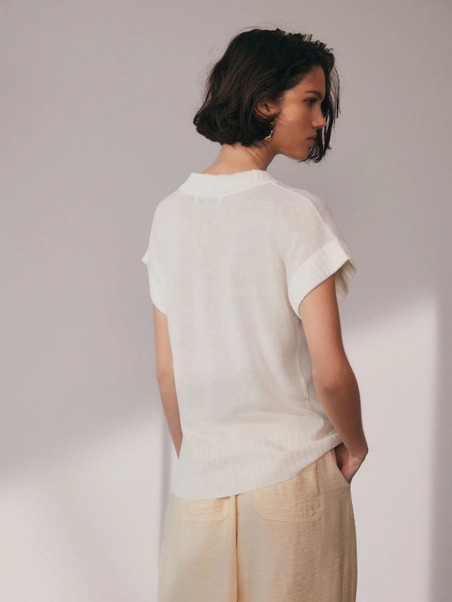 Linen Short Sleeve Polo Neck Top