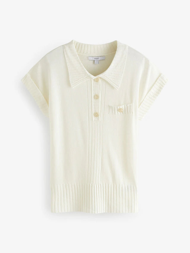 Linen Short Sleeve Polo Neck Top