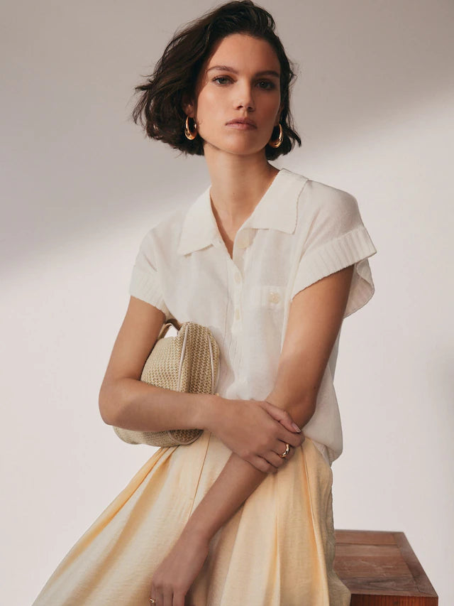 Linen Short Sleeve Polo Neck Top