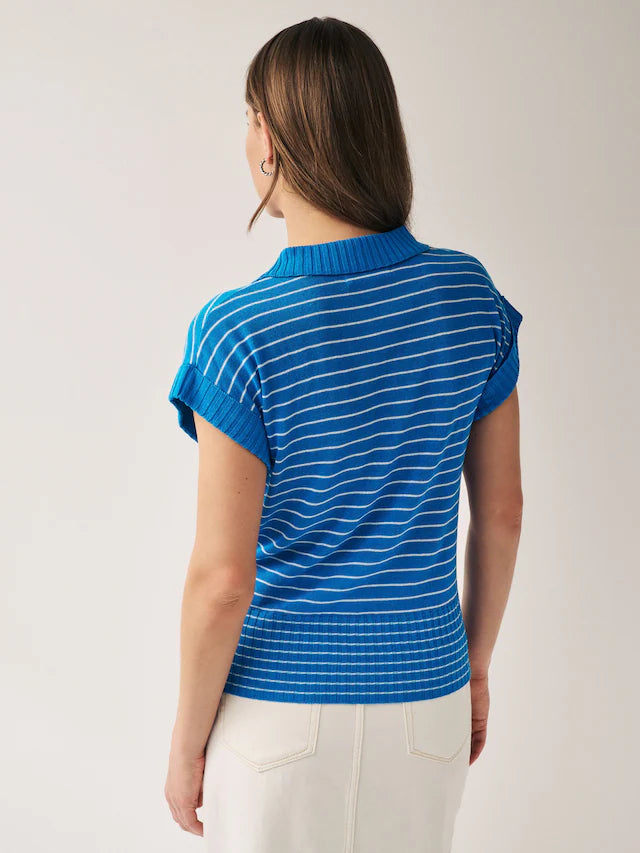 Stripe Linen Short Sleeve Polo Neck Top