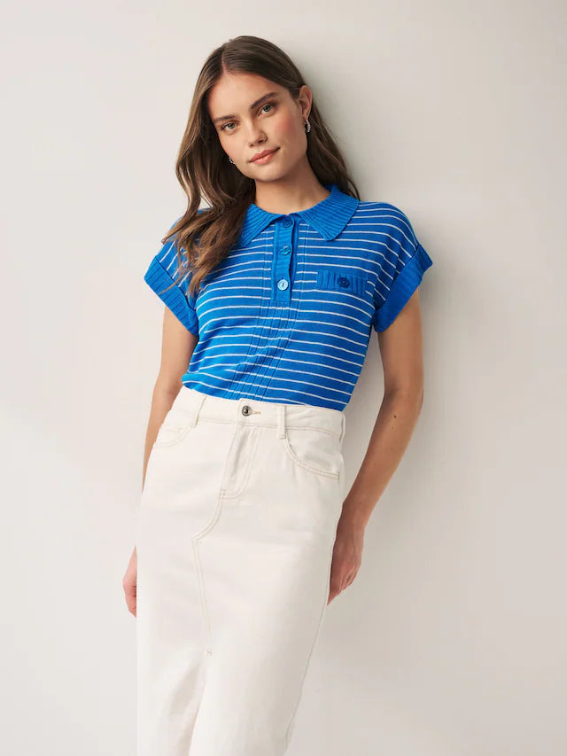 Stripe Linen Short Sleeve Polo Neck Top