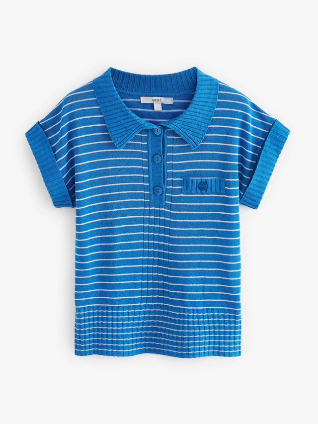 Stripe Linen Short Sleeve Polo Neck Top