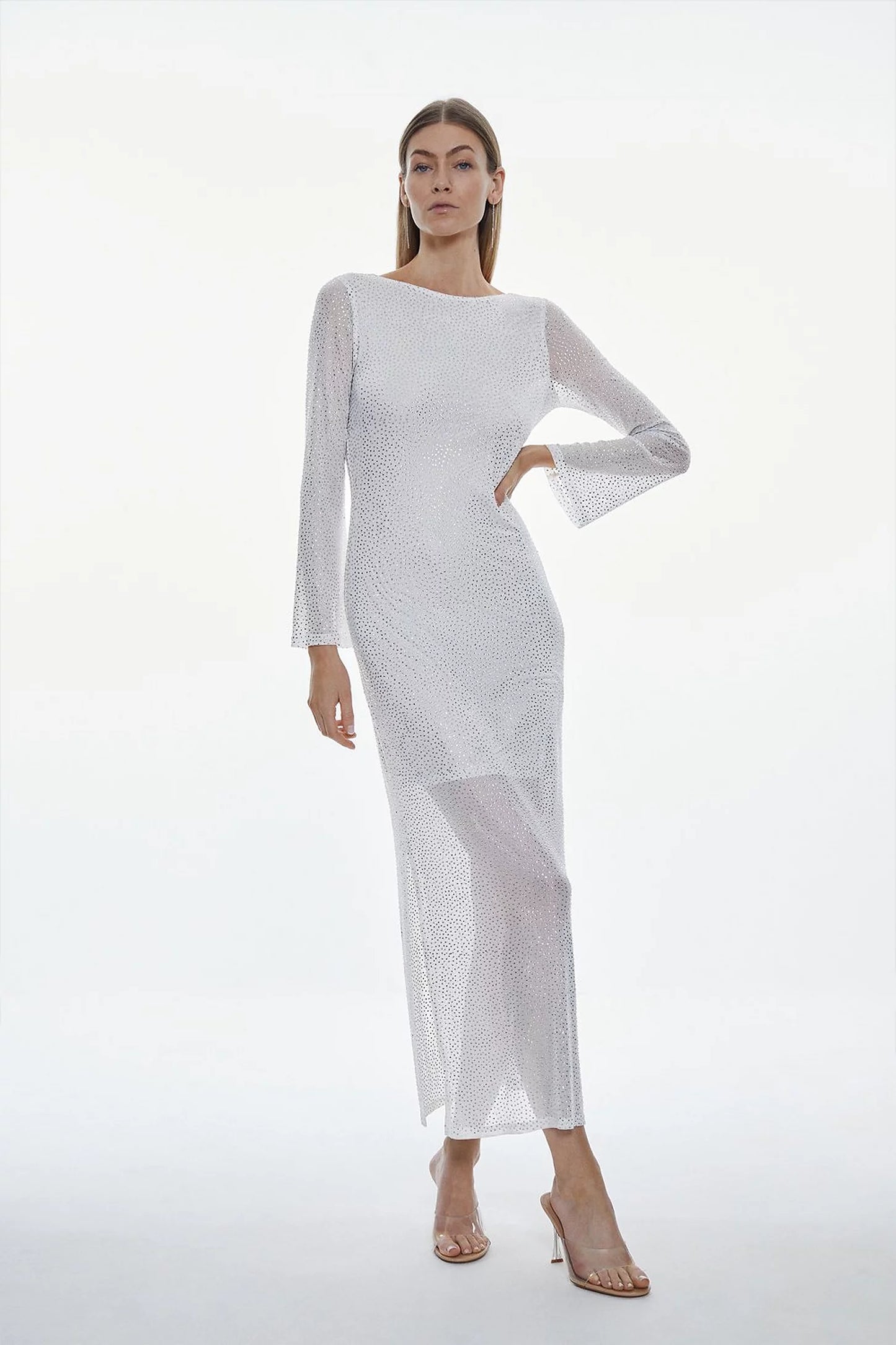 All Over Hotfix Jersey Long Sleeve Maxi Dress
