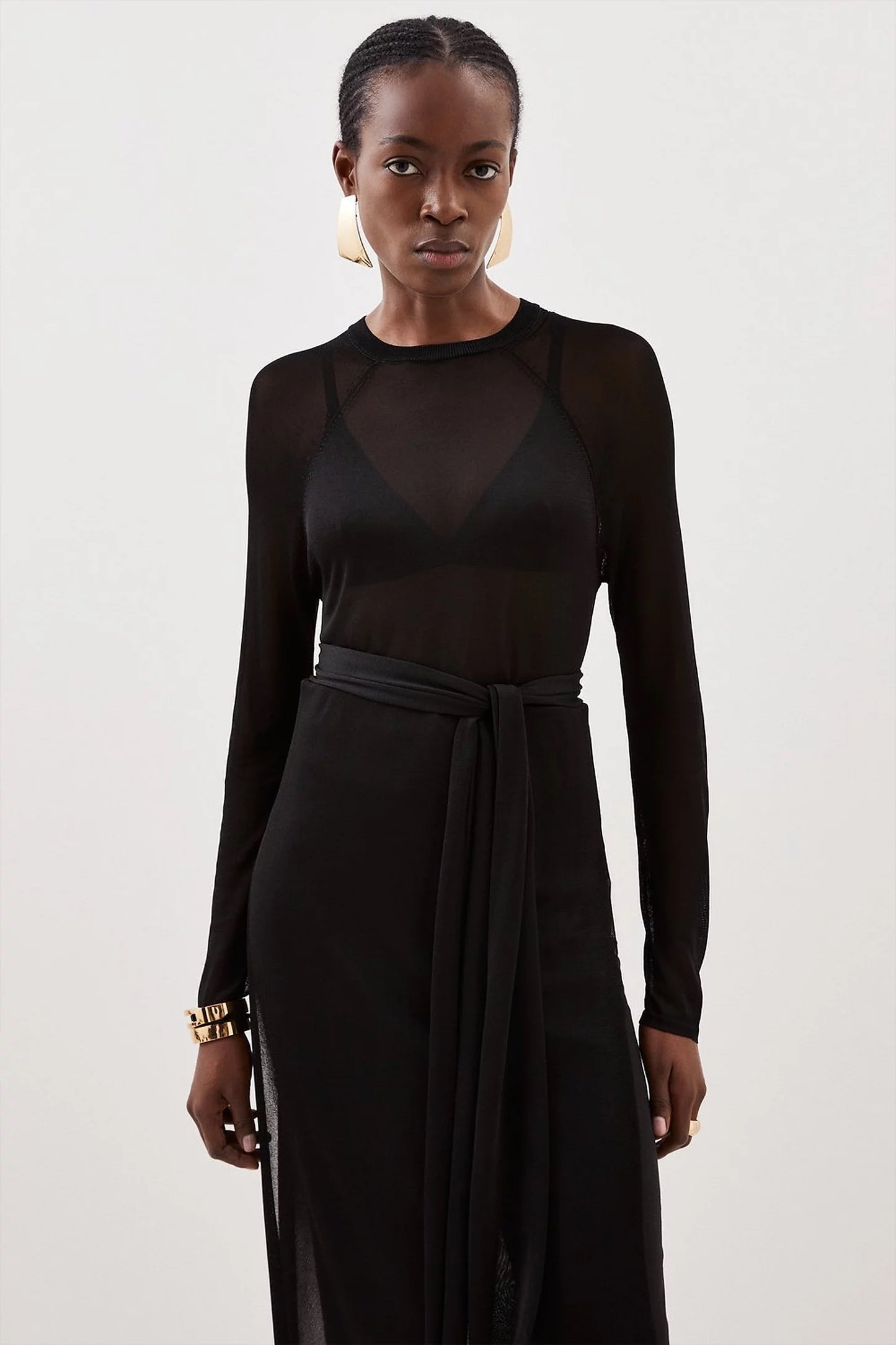 Slinky Viscose Sheer Tie Detail Knit Tunic
