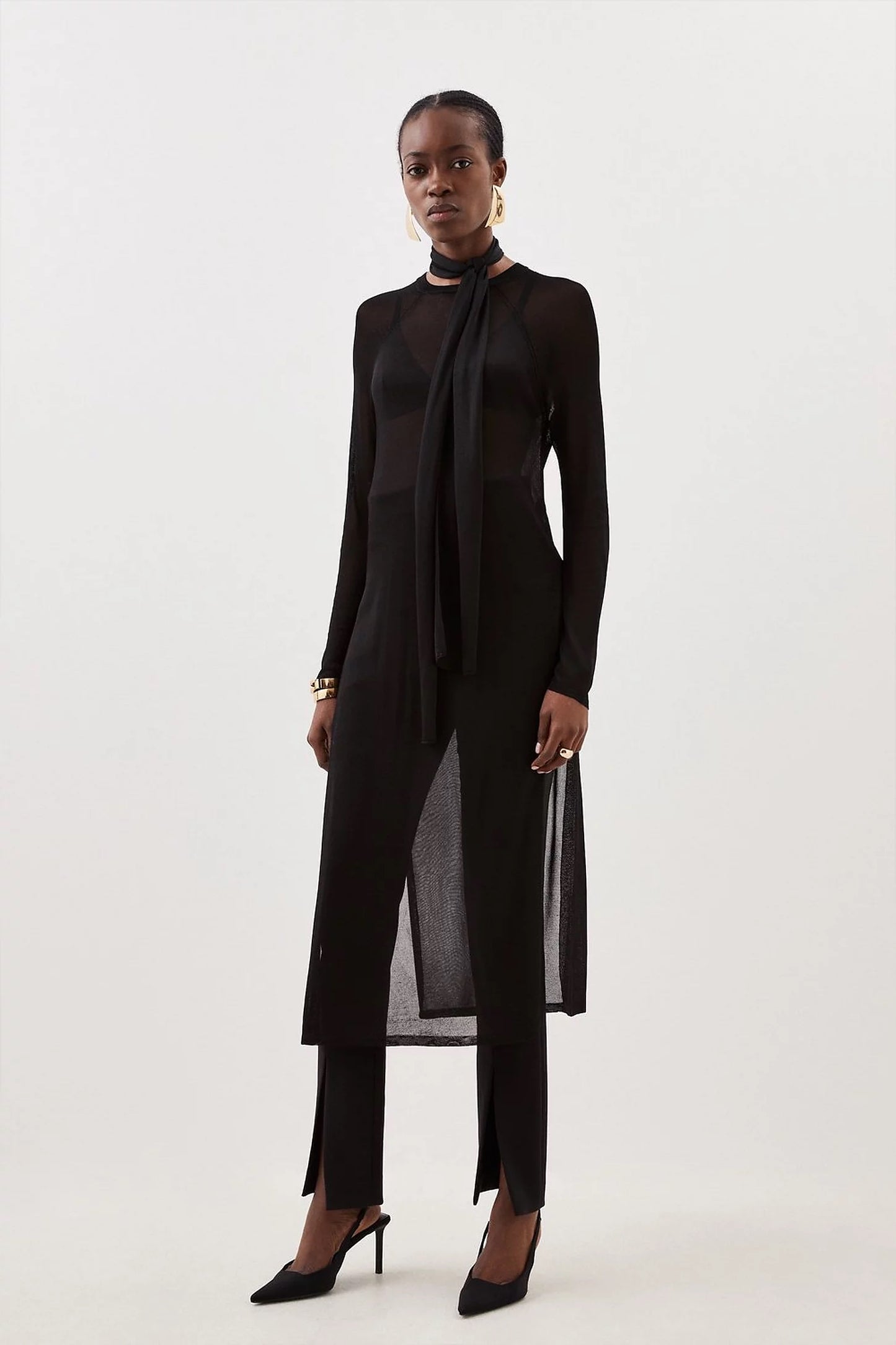 Slinky Viscose Sheer Tie Detail Knit Tunic