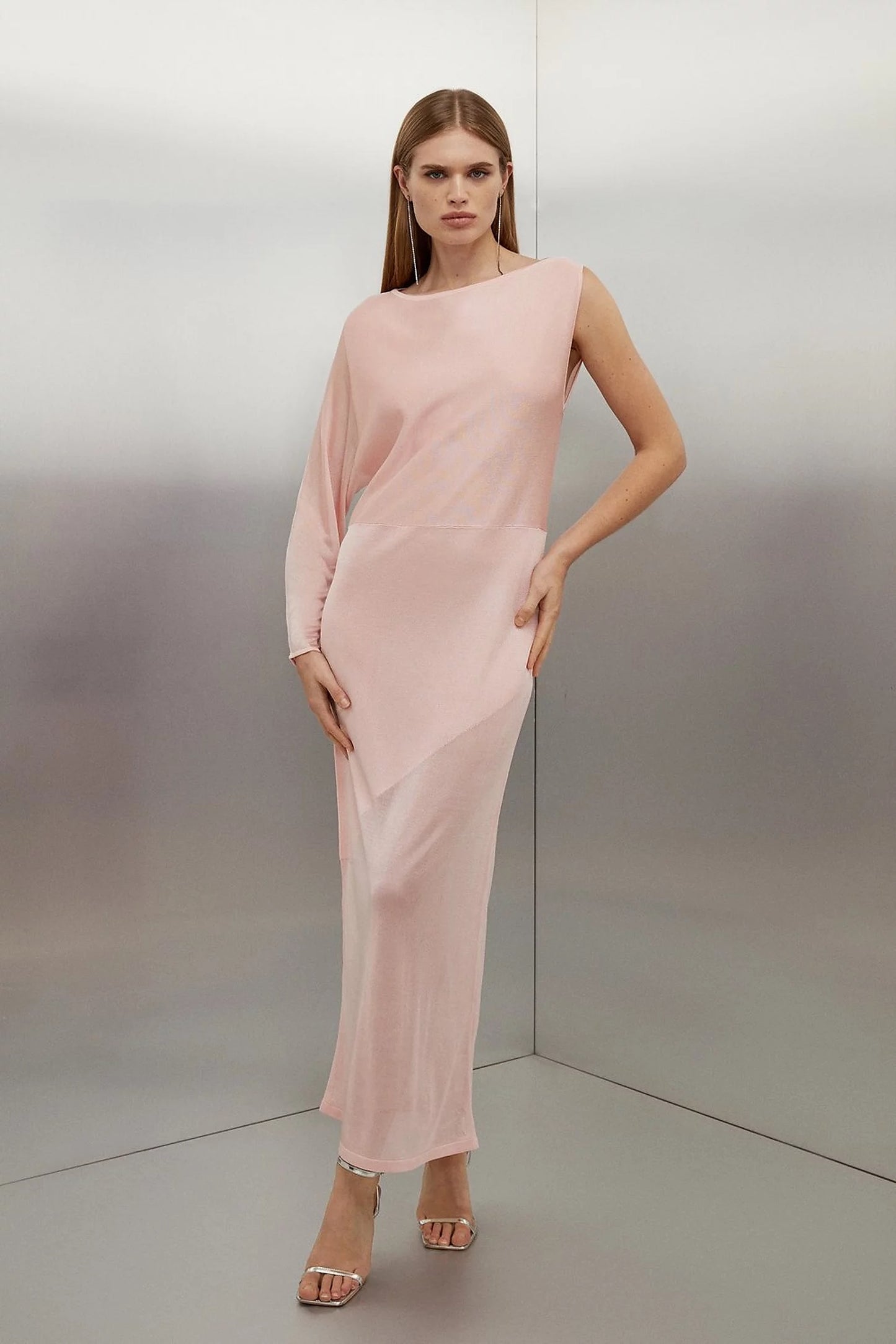 One Sleeve Slinky Sheer Knit Midaxi Dress