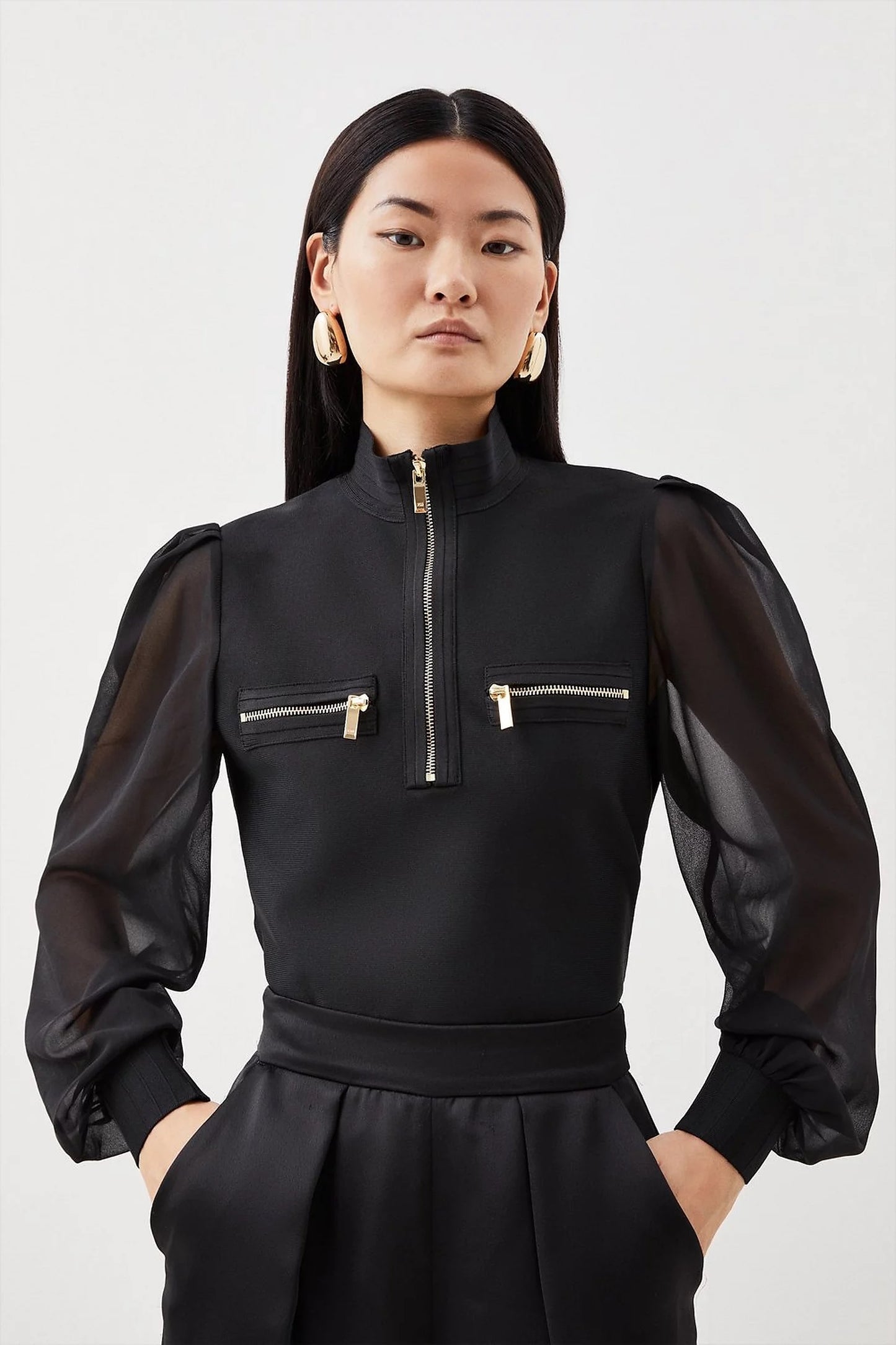 Chiffon Sleeve Zip Knit Bandage Top