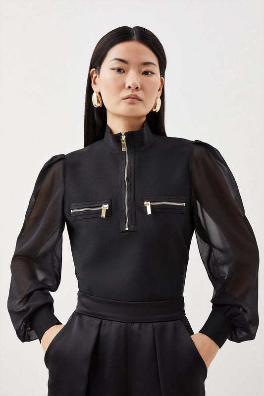 Chiffon Sleeve Zip Knit Bandage Top