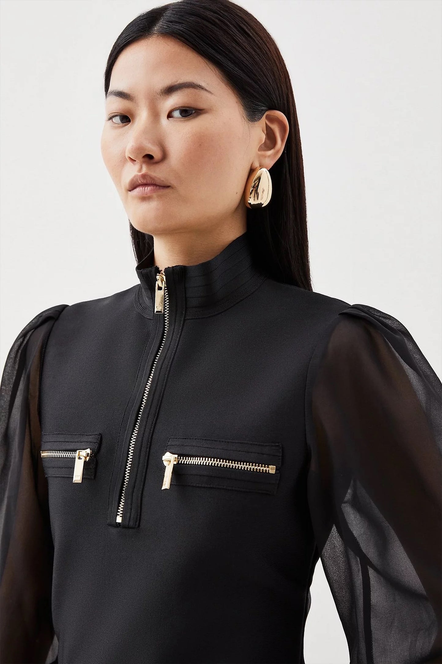 Chiffon Sleeve Zip Knit Bandage Top